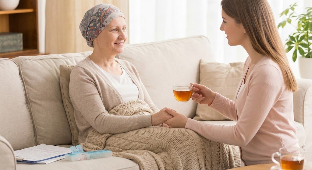 Mulher recebendo apoio de familiar em casa, representando o direito à aposentadoria por invalidez por câncer e adicional de cuidador.