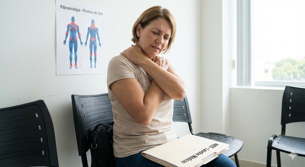 Ilustração de uma silhueta feminina destacando os pontos de dor da fibromialgia, representando a nova lei que a considera deficiência.