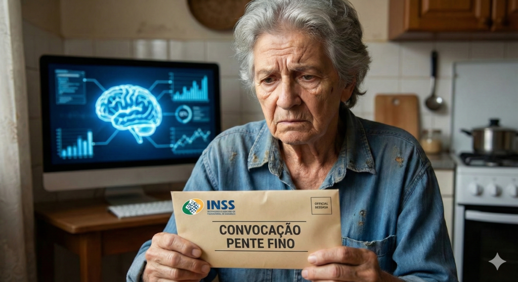 Segurada idosa preocupada segurando a carta de Convocação Pente Fino INSS 2026.