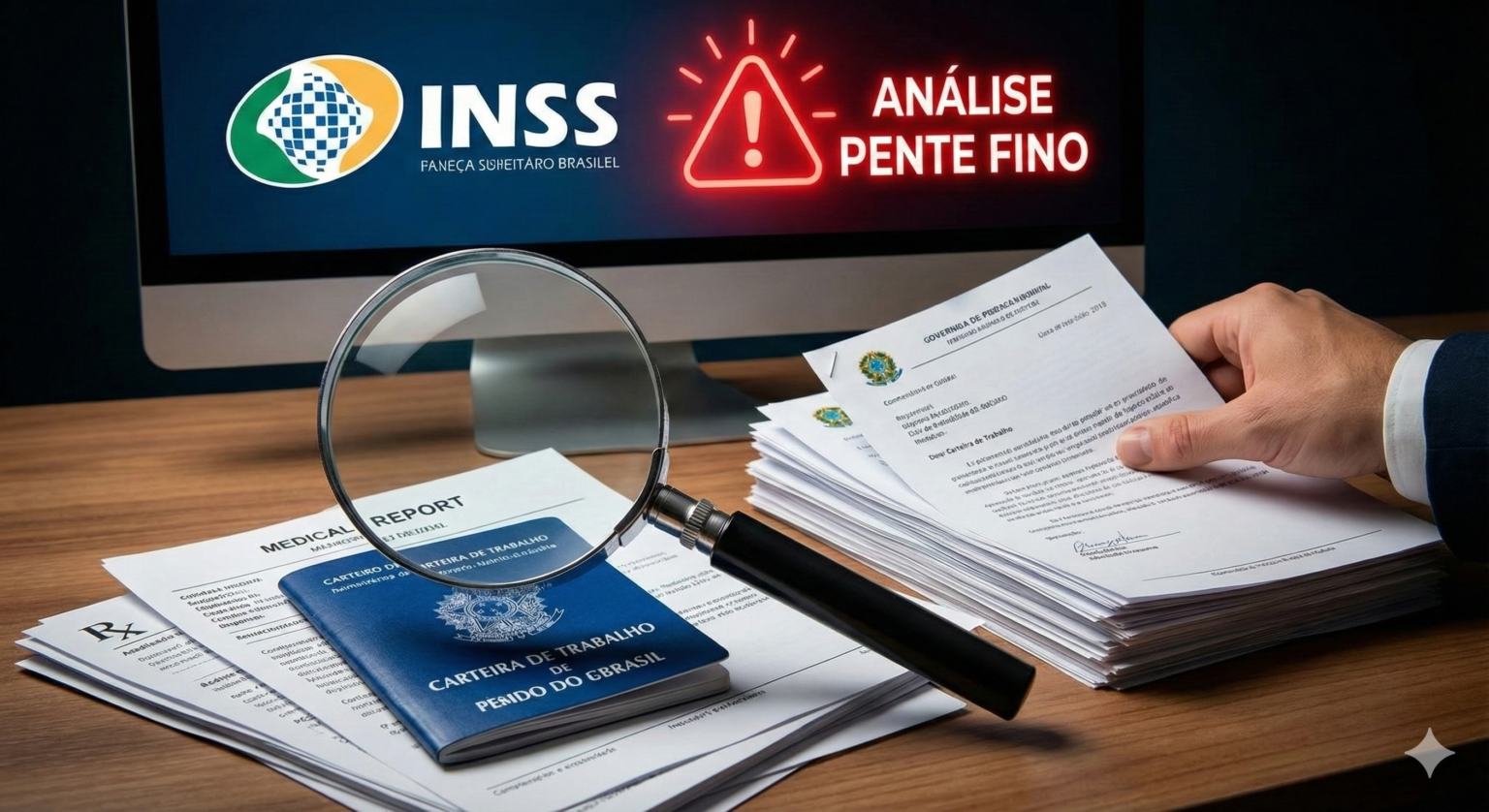 Lupa analisando documentos e processos do INSS simbolizando o rigoroso Pente Fino 2026.