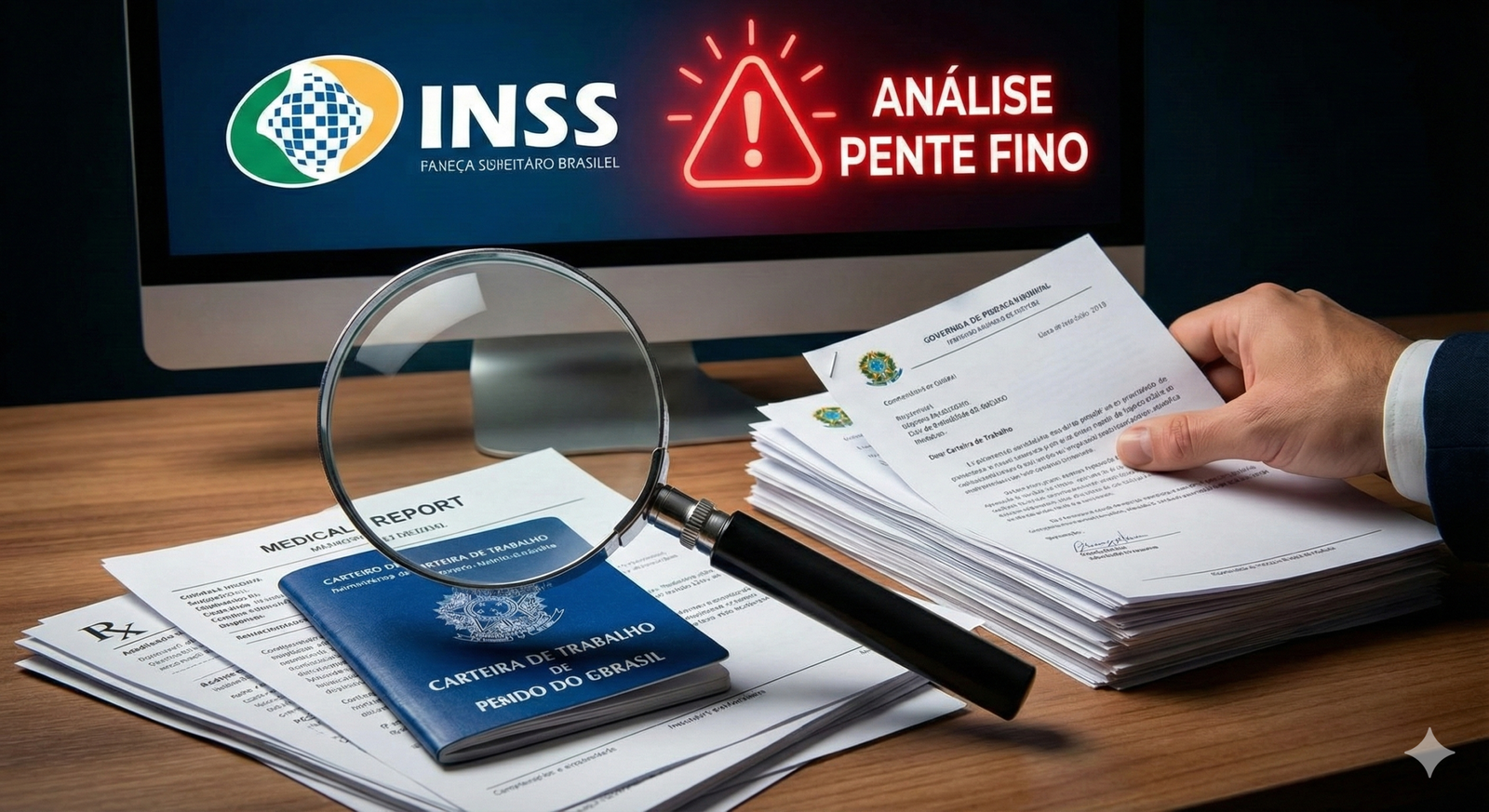 Lupa analisando documentos e processos do INSS simbolizando o rigoroso Pente Fino 2026.