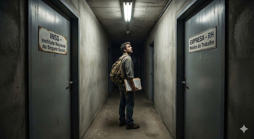 rabalhador segurando documentos preso no Limbo Previdenciário entre as portas do INSS e da Empresa.