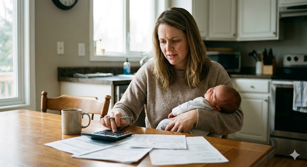 Mãe segurando bebê no colo olhando documentos preocupada com as contas, ilustrando o direito ao salário-maternidade para desempregada.