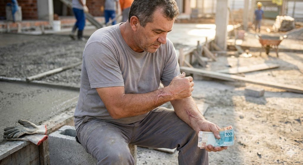 Trabalhador da construção civil examinando uma cicatriz no braço enquanto segura dinheiro, ilustrando quem tem direito ao Auxílio-Acidente e o valor da indenização.