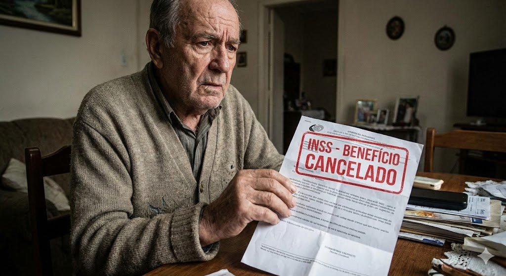 Idoso segurando uma carta do INSS com carimbo de cancelado, preocupado com a aposentadoria cortada ou suspensa.