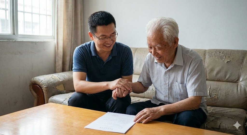 Filho adulto segurando as mãos do pai idoso, sorrindo com a aprovação do benefício BPC LOAS para idoso que nunca contribuiu.
