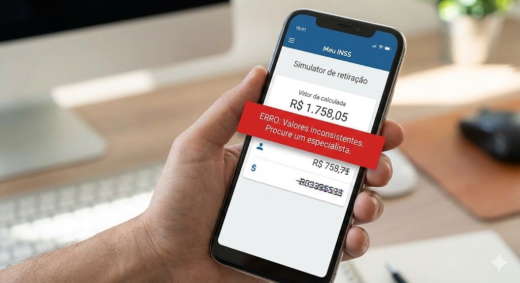 Tela do simulador do INSS no celular com sinal de alerta, indicando erro no cálculo da aposentadoria.