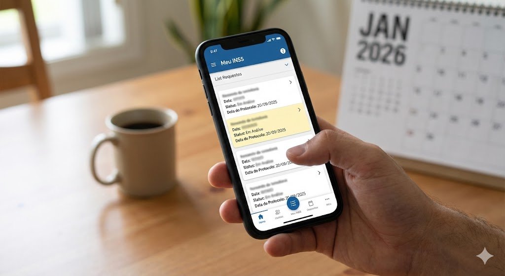 Tela do celular mostrando aplicativo Meu INSS com status do pedido em análise há muito tempo.