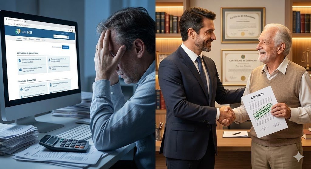 Comparação entre pedir aposentadoria sozinho no INSS com risco de erro e contratar advogado de aposentadoria para garantir o melhor benefício.