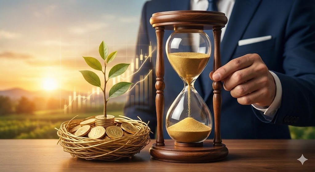 ampulheta representando a estratégia do Planejamento Previdenciário para garantir a melhor aposentadoria financeira.