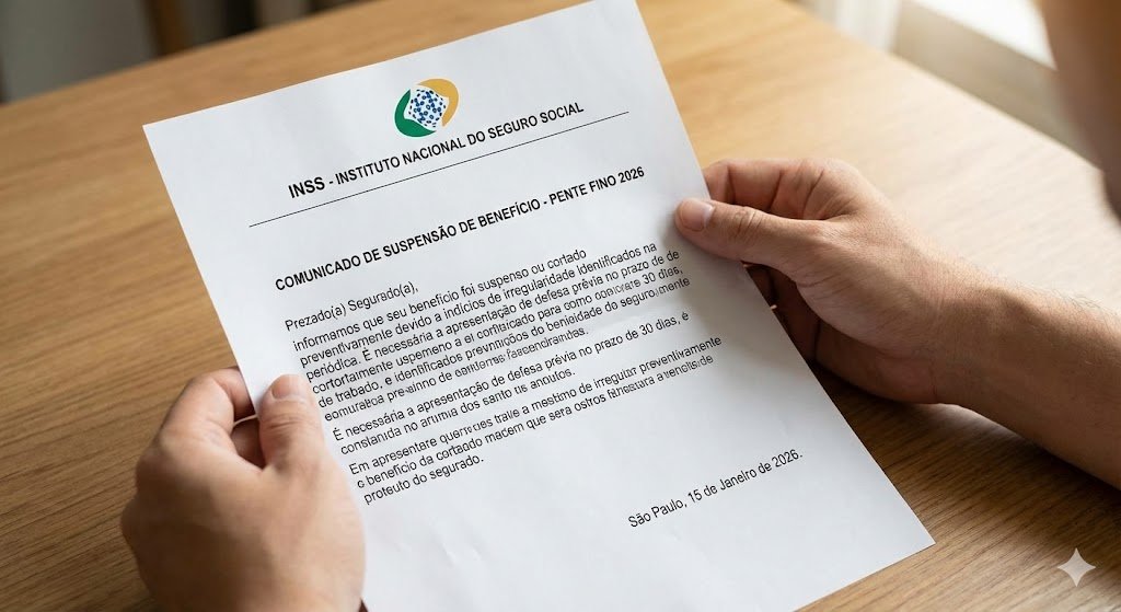 Mãos segurando carta do INSS de benefício suspenso ou cortado, notificando irregularidade no pente fino de 2026.