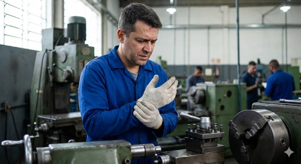 Trabalhador com luvas de proteção segurando a mão com desconforto, verificando Auxílio-Acidente quem tem direito.