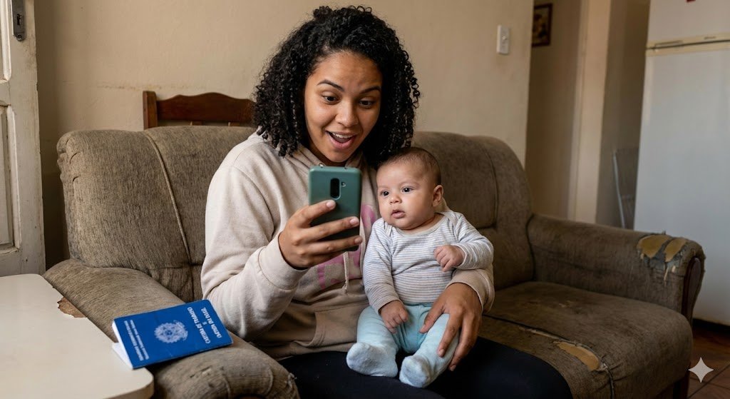 Mãe desempregada com bebê no colo verificando direito ao Salário-Maternidade no celular.