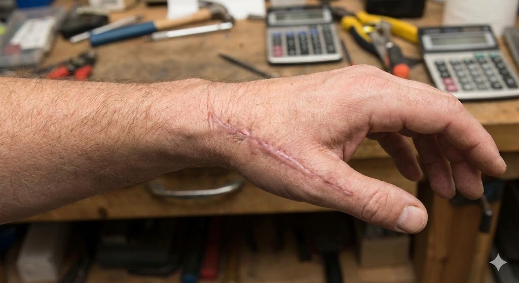 Trabalhador mostrando uma cicatriz cirúrgica no joelho ou braço, representando o direito ao auxílio-acidente retroativo.