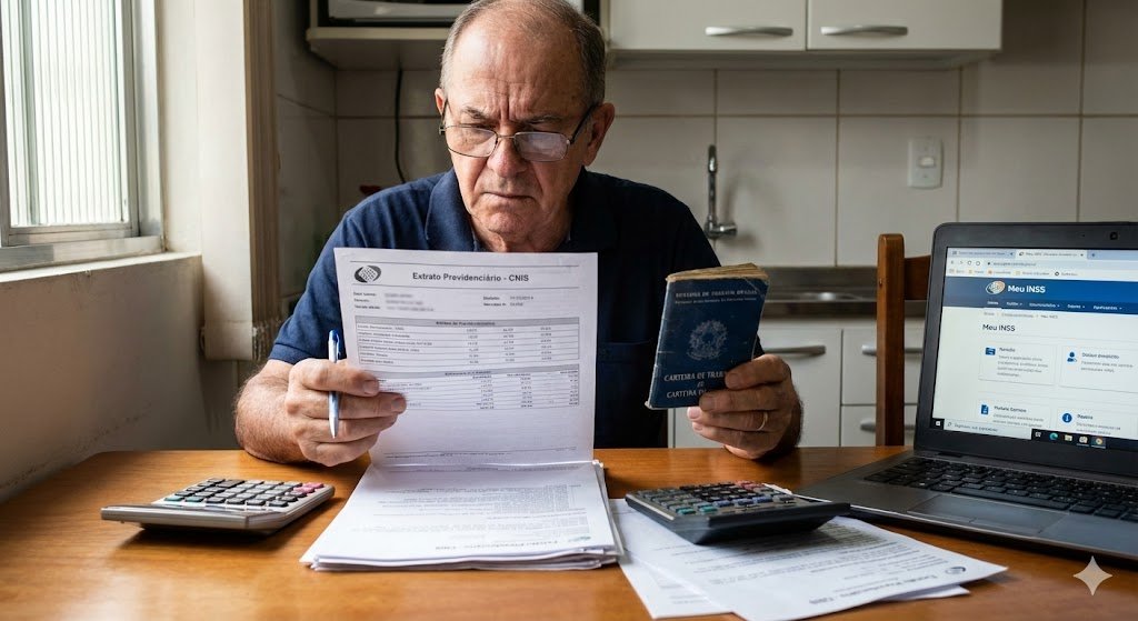 Mão segurando caneta sobre extrato do INSS para corrigir erro no CNIS.