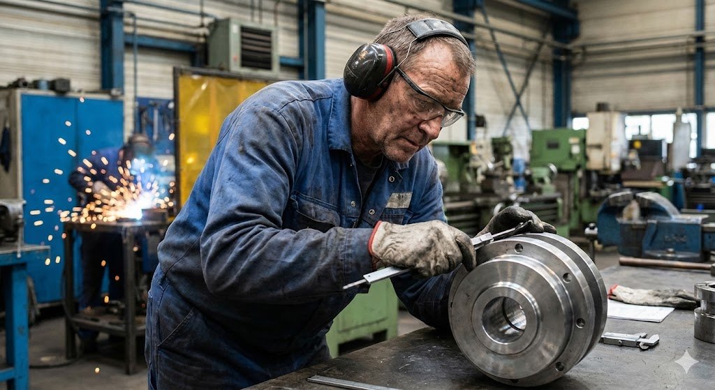 Trabalhador metalúrgico em fábrica analisando peças, ilustrando a Aposentadoria Especial Metalúrgico 2026.