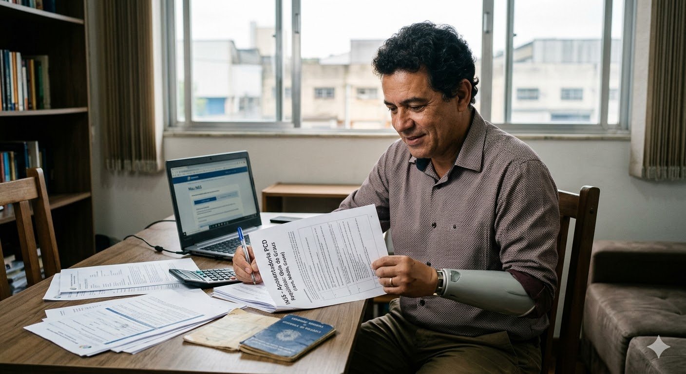 Trabalhador com prótese no braço analisando documentos sobre a Aposentadoria PCD requisitos.