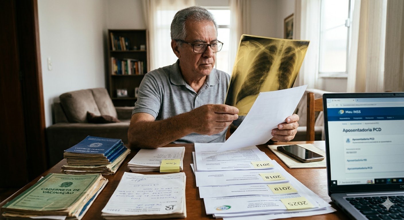 Trabalhador PCD organizando exames médicos antigos e raios-x para saber como comprovar deficiência no INSS.